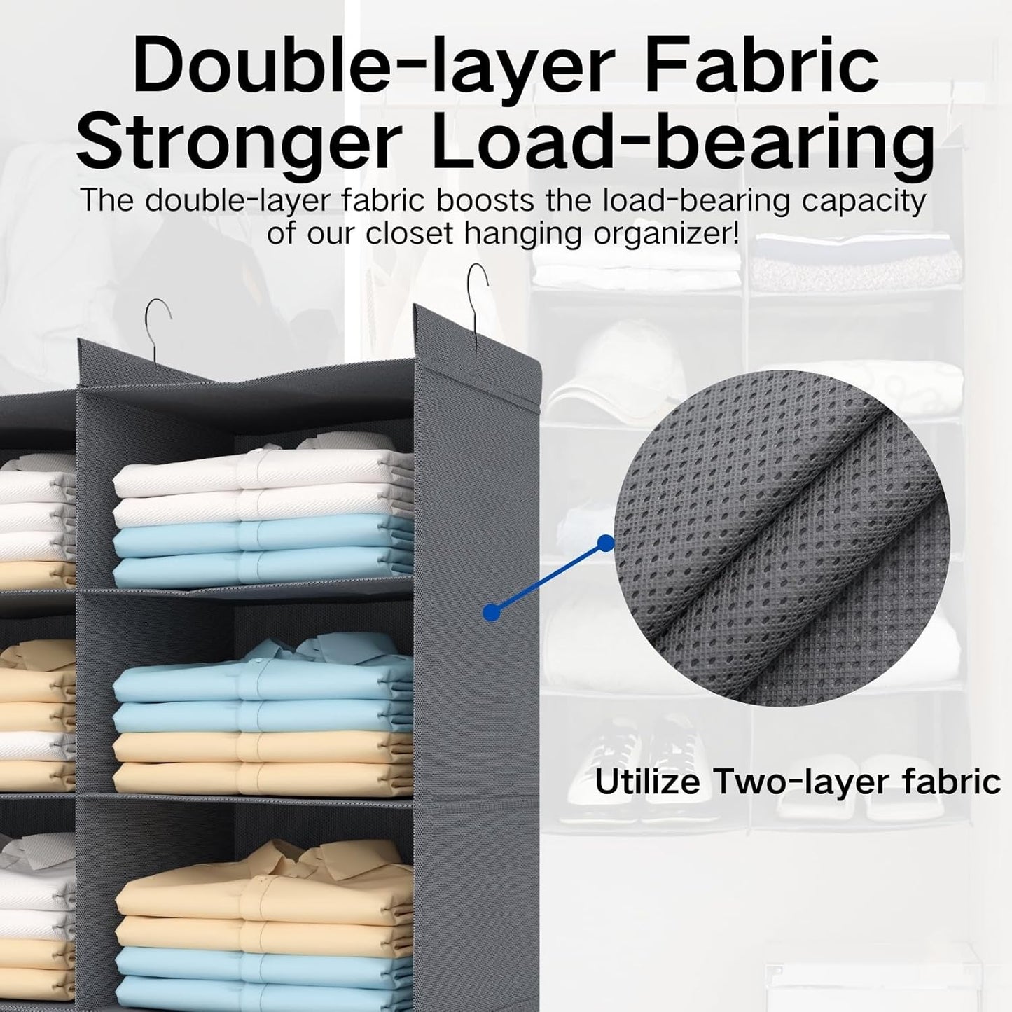 Dual-Row 6 Tier Shelf Hanging Closet Organizer and Storage, 12 Pockets Clothes Storage Shelves with 3 Sturdy Hooks for Clothing Organization, Dorm Room Essentials for Girls, Foldable, Grey