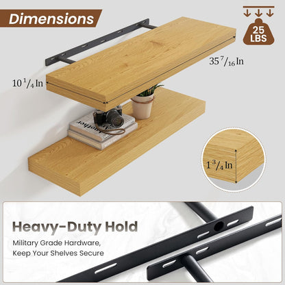 Heimlove 36 Inch Floating Shelves for Wall,10 Inch Deep Wood Shelves with Invisible Brackets,Wall Mounted Storage & Display Shelves for Bedroom,Living Room,Kitchen,Office,Oak Color