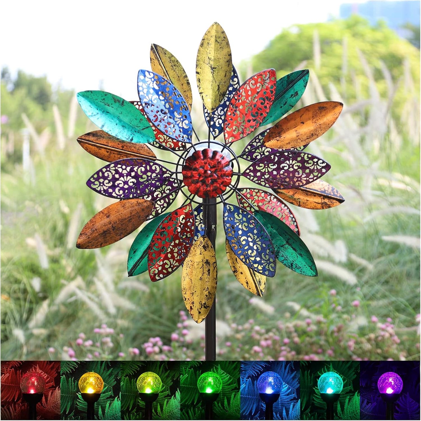 Solar Garden Wind Spinners with Light, Metal Yard Wind Spinners with Stake for Outdoor Lawn Decor (20" W x 77" H)