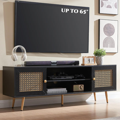 Mid Century Modern TV Stand for 65 inch TV, Entertainment Center with Storage, Metal Mesh Decorated Cabinet Doors for Living Room, Black
