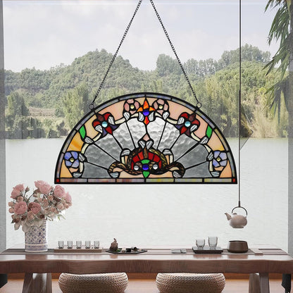 YOURANJU Half Moon Stained Glass Window Hanging Tiffany Style 16" x 8" Half-Round Window Panel Housewarming Gift Living Room Bedroom Kitchen Window Decorative Hangings with Chain (Baroque)