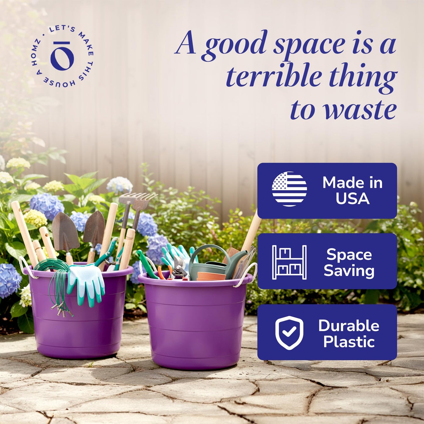 HOMZ 2-Pack Utility Tub, Large Plastic Storage Bucket with Rope Handles, 17 Gallon, Purple