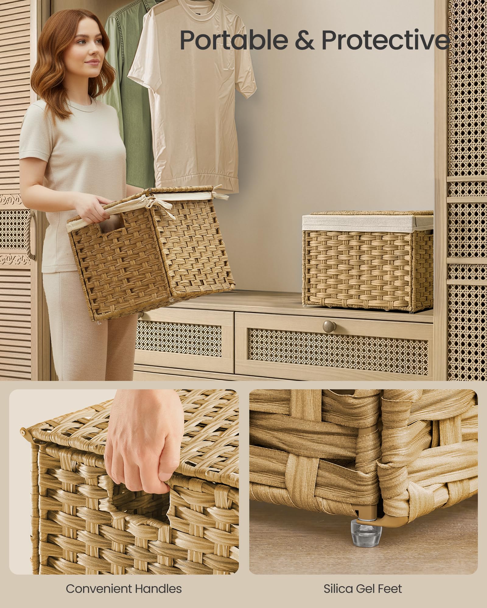 SONGMICS Storage Basket with Lid, Woven Blanket Storage Bin with Handles, Foldable, Removable