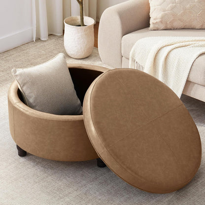 30-Inch Round Storage Ottoman, Modern Ottoman Coffee Table with Removable Top for Living Room, Bedroom, Office （Light Brown）