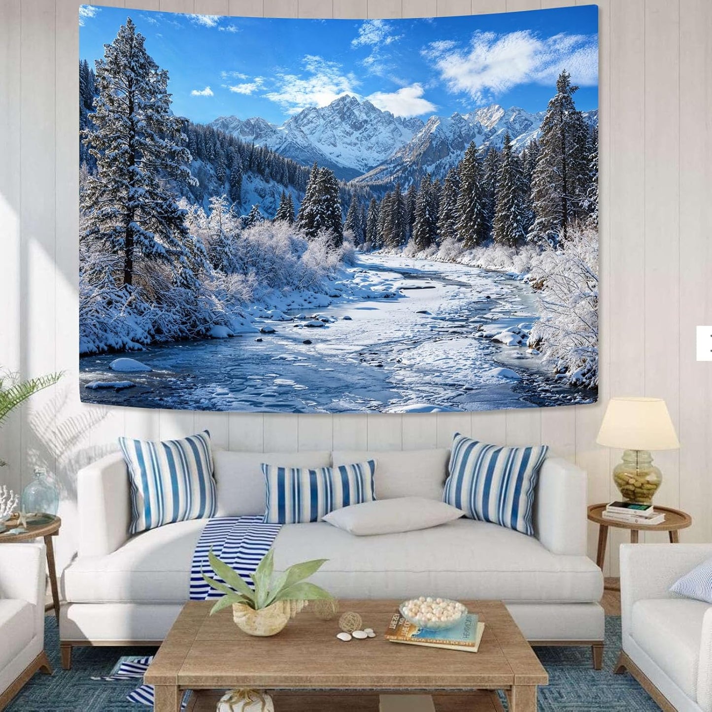 AMM Winter Forest Snow Mountain Tapestry Snowy Pine Tree Woodland Tapestry for Bedroom Aesthetic White Clouds Flowing River Landscape Tapestries Wall Hanging for Living Room Dorm Office 48 x 36 Inch