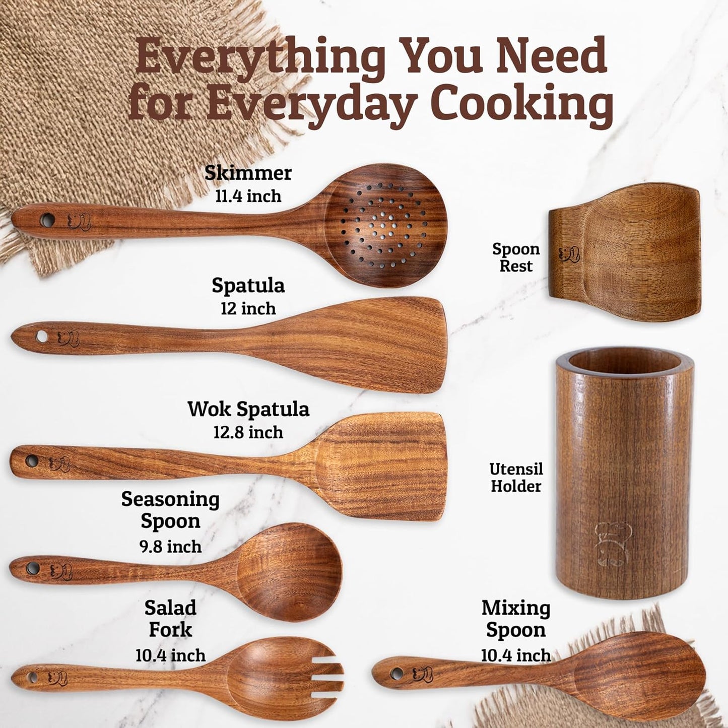 PriorityChef Premium Wooden Spoons for Cooking - 6pc with Utensil Holder, Spoon Rest and Hanging Hooks, Smooth Finish Teak Wooden Utensil Set, Heat-Resistant & Nonstick Safe, Ideal for Gifting