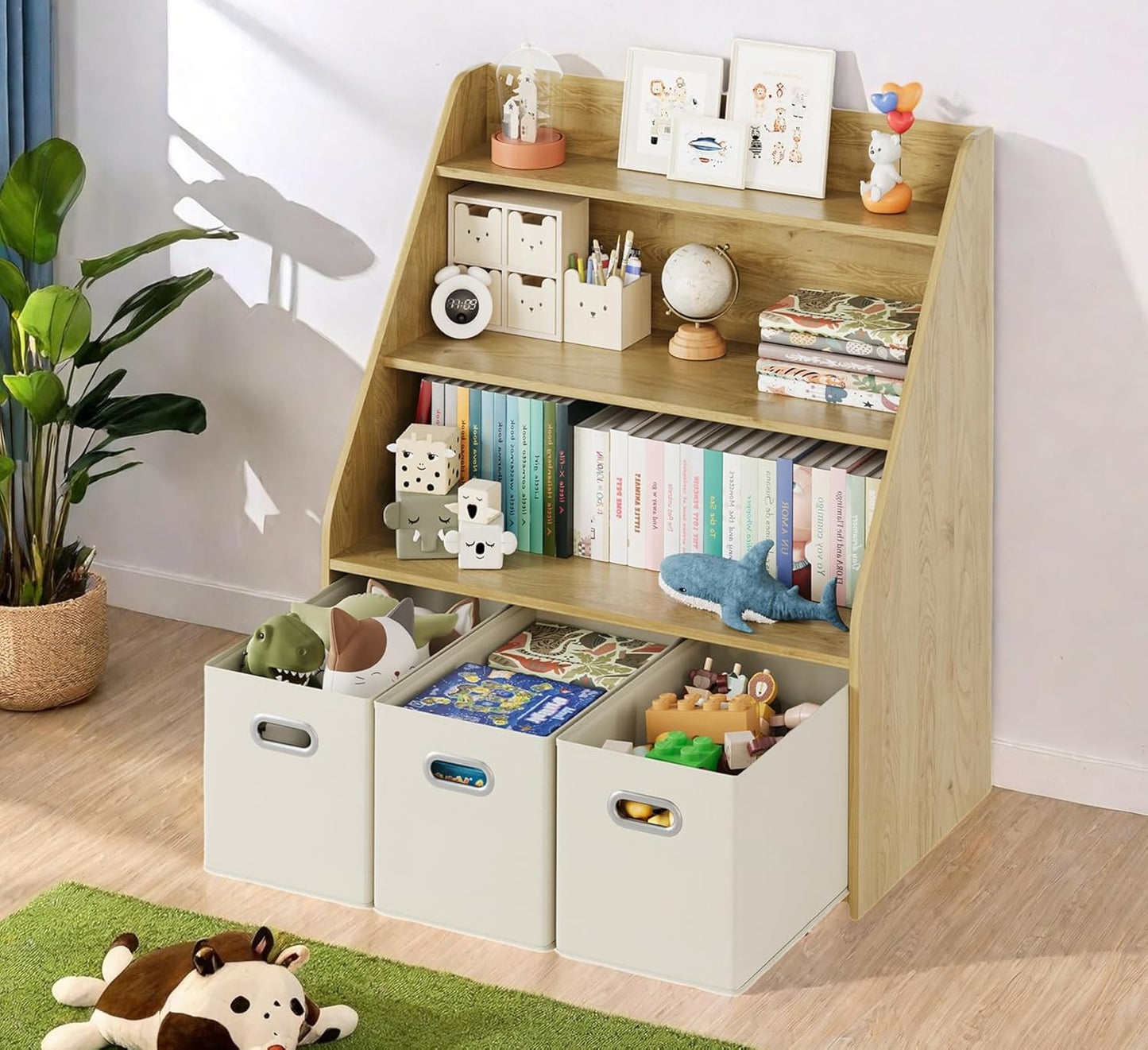 Kids Bookshelf and Toy Organizer, 3-Tier Toy Storage Organizer with 3 Movable Drawers, Montessori Toy Shelf, Nursery Book Shelves Toddler Bookshelf for Kids Room Living Room Nursery