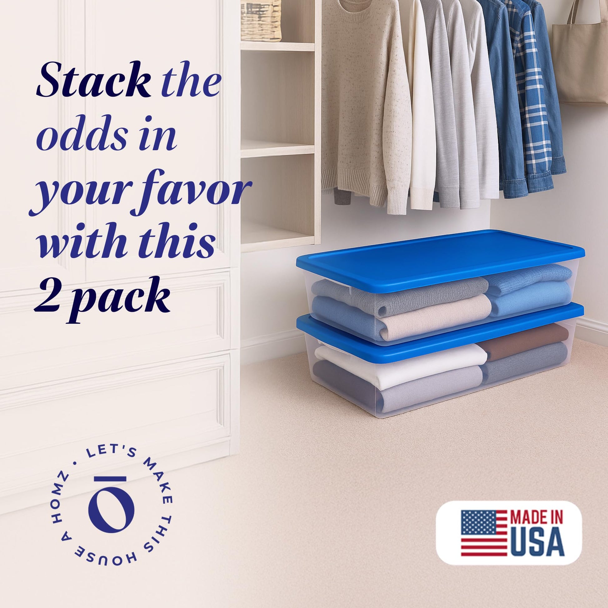 HOMZ 2-Pack Snaplock, Large Clear Plastic Storage Organizer Bins w/Lids, 41 Quart, Blue - Stackable