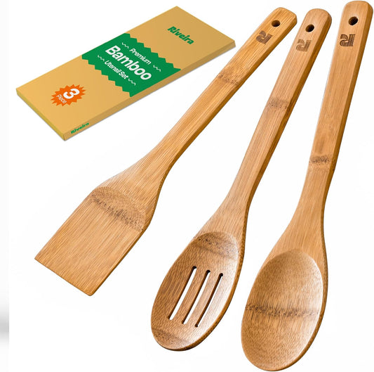 Riveira Dark Bamboo Wooden Spoons for Cooking 3-Piece, Apartment Essentials Wood Spatula Spoon