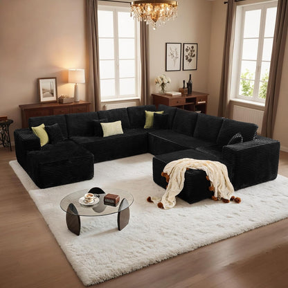 HOOOWOOO Cloud Sectional Couches for Living Room,Modular Sectional Sofa No Assembly,136X133 Inch Plush Corduroy Large G Shaped Floor Couch Set with Deep Seat Chaise Ottoman(Black)