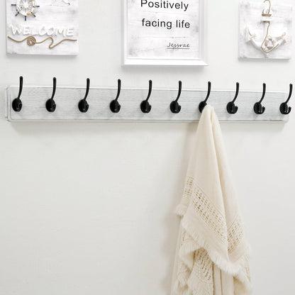 Dseap Wall Mounted Coat Rack: 38-1/4" Long, Patented, Heavy-Duty, 10-Double-Hooks Wooden Hanger Rail for Winter Coats, Hat, Jacket, Clothing - White & Black, Pack of 2