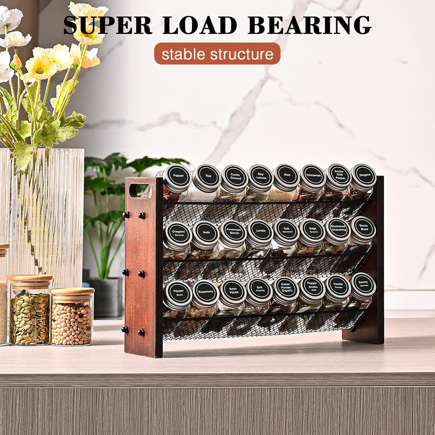 Spice Rack Organizer for Cabinet, Spice Organizer with 24 Empty Spice Jars, 180 Spice Labels, Wooden Spice Jar Organizer, Seasoning Organizer for Cabinet Kitchen, Pantry, Countertop or Wall Mount