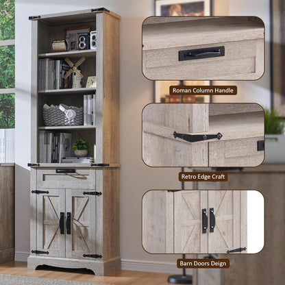 OKD 72'' Tall Bookshelf with Storage, Farmhouse 4 Tier Bookcase w/Barn Door, Adjustable Shelves and Drawers, Rustic Wooden Office Bookshelves for Home Bedroom, Living Room, Library (Light Rustic Oak)