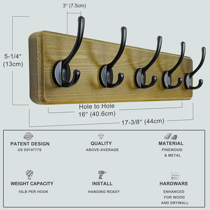 Dseap Coat Rack Wall: Patented, Heavy-Duty, 5-Double-Hooks Wooden Wall Mounted Coat Rack Coat Hanger Hook Rail for Winter Coats Hat Jacket Clothing, Weathered Green, Pack of 2