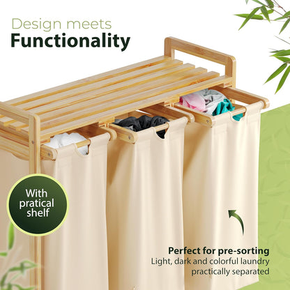 Laundry basket with wheels beige - Large Bamboo Laundry Sorter with Removable Cotton Bags - 3 Section laundry room organization - Durable, Eco-Friendly, and Stylish Storage Solution for Home