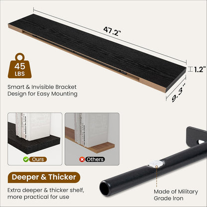 Fun Memories 48 Inch Deep Floating Shelves for Wall, 2 Pack of Long Wall Mounted Wood Shelves with Invisible Brackets for Bathroom, Bedroom, Living Room, Kitchen Decor and Storage, Black
