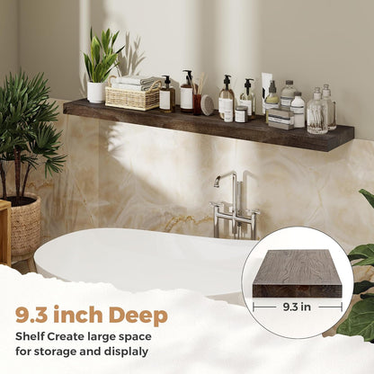 RICHFOCUS Elm Floating Shelves for Wall - 48" W x 9.3" D Rustic Solid Wood Shelves with Invisible Bracket, Wall-Mounted for Living Room, Bedroom, Kitchen Storage & Display, Set of 1, Walnut