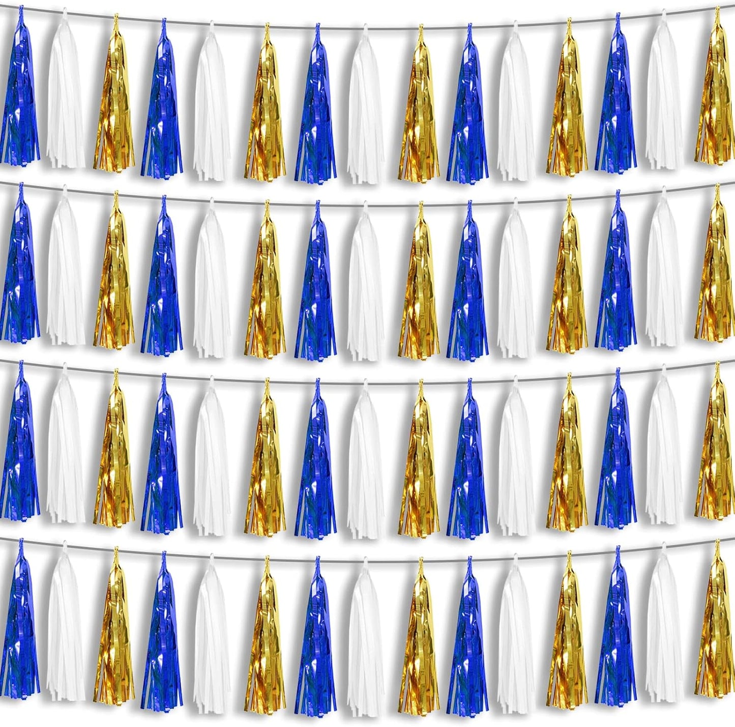4P Navy-Blue White-Gold Foil Fringe Metallic Tassel-Garland, Tassels Banner Streamers for Parade Floats, Bachelorette, Wedding, Birthday, Halloween, Christmas, Bridal/Baby Shower Party Decorations