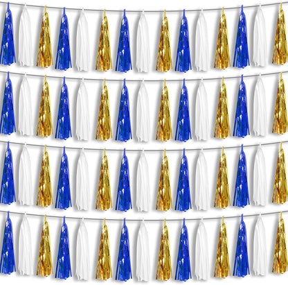 4P Navy-Blue White-Gold Foil Fringe Metallic Tassel-Garland, Tassels Banner Streamers for Parade Floats, Bachelorette, Wedding, Birthday, Halloween, Christmas, Bridal/Baby Shower Party Decorations