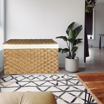 Wicker Storage Basket with Lid, 42.3 Gallon (160L) Large Blanket Basket with Lid, Woven Storage Bin with Handles, Removable Liner, Metal Frame, Foldable, for Bedroom, Laundry Room, Natural