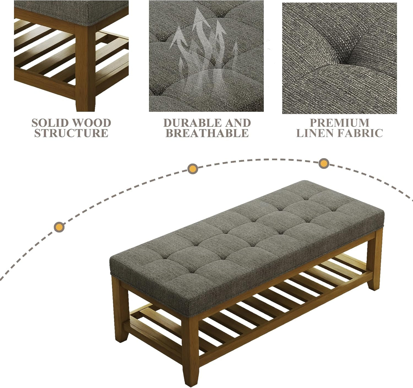 Large Rectangular Upholstered Ottoman Bench, Linen Tufted Footrest Ottoman with Solid Wood Shelf Storage Coffee Table for Bedroom Living Room, Granite