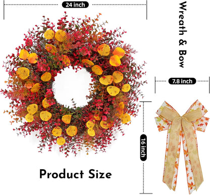 CYANBLOOM Fall Front Door Wreath: 24 Inch Large Burgundy Boxwood Eucalyptus Wreaths with Maple Bow for Rustic Farmhouse Decor - Weatherproof Outdoor Indoor All Season - Thanksgiving Halloween Decor