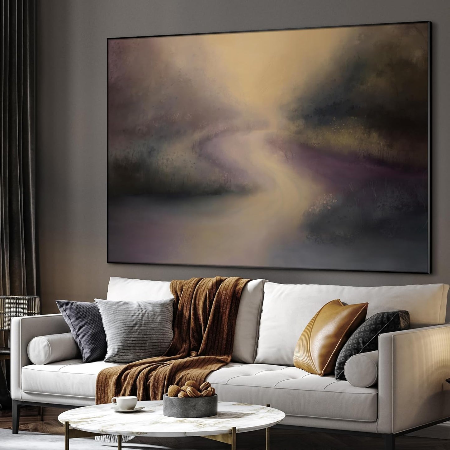 SIGNWIN 46"x60" Extra Large Framed Wall Art Golden Light River Path Dreamy Impressionist Landscape Illustration for Home Living Room Bedroom Decor (Frame Assembly Required)