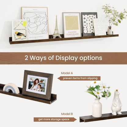 Picture Ledge Shelf, Solid Pine Wood Floating Shelves Set of 2, 40 Inches Nursery Book Shelves for Toys Storage, Kids Bookshelf Wall Mounted for Living Room Bedroom Decor Books Photo Frames, Walnut