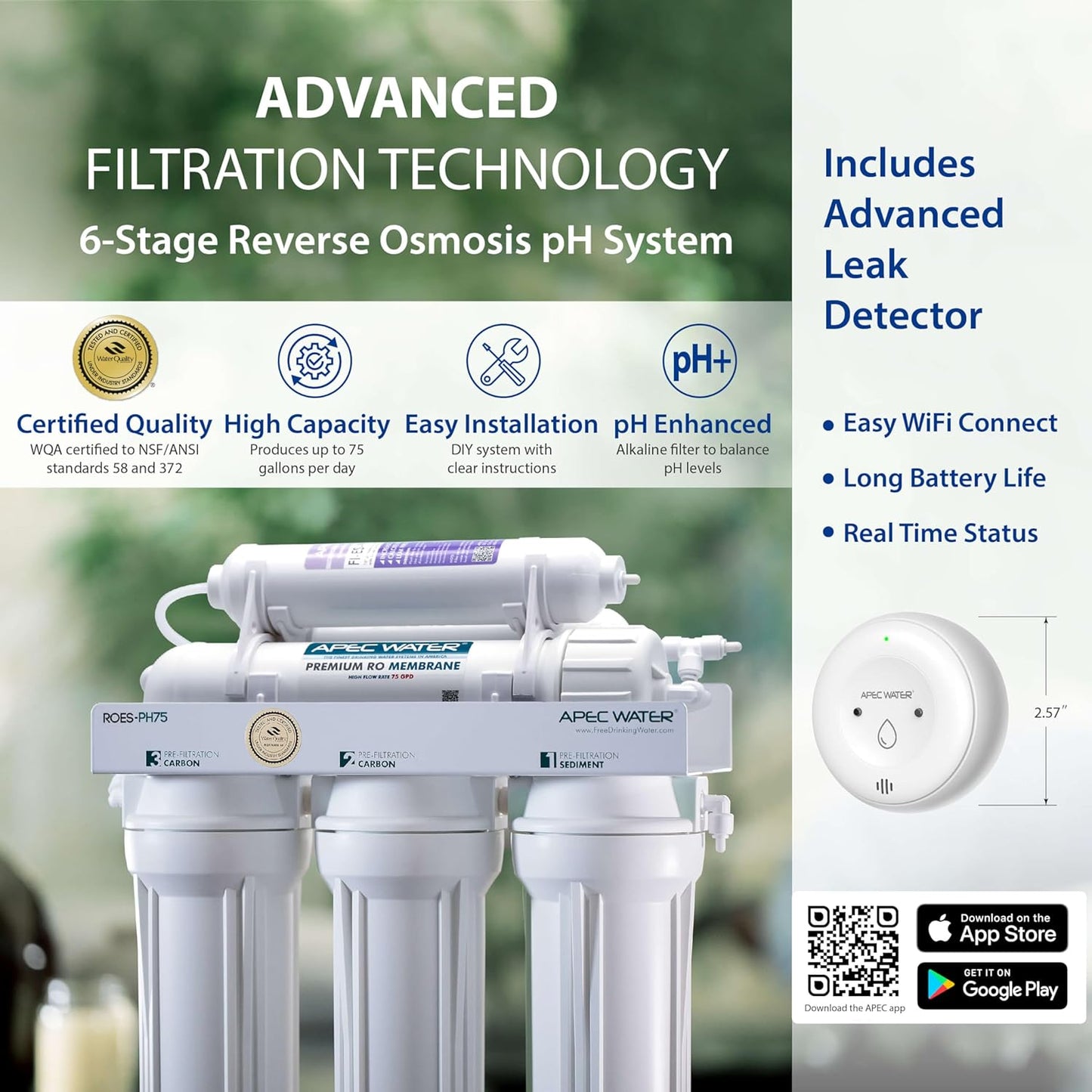 APEC Water Systems ROES-PH75 Essence Series Top Tier Alkaline Mineral pH+ 75 GPD 6-Stage Certified Ultra Safe Reverse Osmosis Drinking Water Filter System with WiFi Smart Water Leak Detector and App