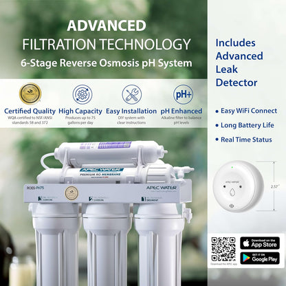 APEC Water Systems ROES-PH75 Essence Series Top Tier Alkaline Mineral pH+ 75 GPD 6-Stage Certified Ultra Safe Reverse Osmosis Drinking Water Filter System with WiFi Smart Water Leak Detector and App