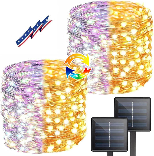 (Warm White ⇋ Multicolor) Solar Christmas String Lights Outdoor, 2-Pack 80FT 200 LED Waterproof Copper Wire, Solar Twinkle Lights with 8 Modes Solar Fairy Light for Tree Garden Wedding Christmas Decor