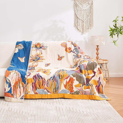 Boho Throw Blanket, 100% Cotton Ultra Soft Luxury Throw Rustic Quilt, 80"x90" Floral Bird Butterfly Farmhouse Decor Bed Blankets, All Season Rustic Reversible Bohemian Throw for Bed - Yellow