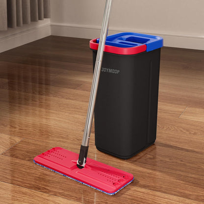 JOYMOOP Mop and Bucket Set for Home, Hands-Free Self-Cleaning System, with 5 Reusable Microfiber Mop Pads, Suitable for Floor Cleaning and Wall Cleaner - Black+Red+Slate Blue