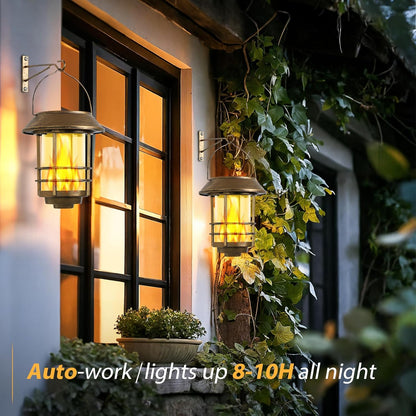 Otdair Solar Wall Lantern Outdoor, Flickering Flames Solar Sconce Lights Outdoor, Hanging Lamps Wall Mount for Front Porch, Patio and Yard, 2 Pack, Yellow Bronze
