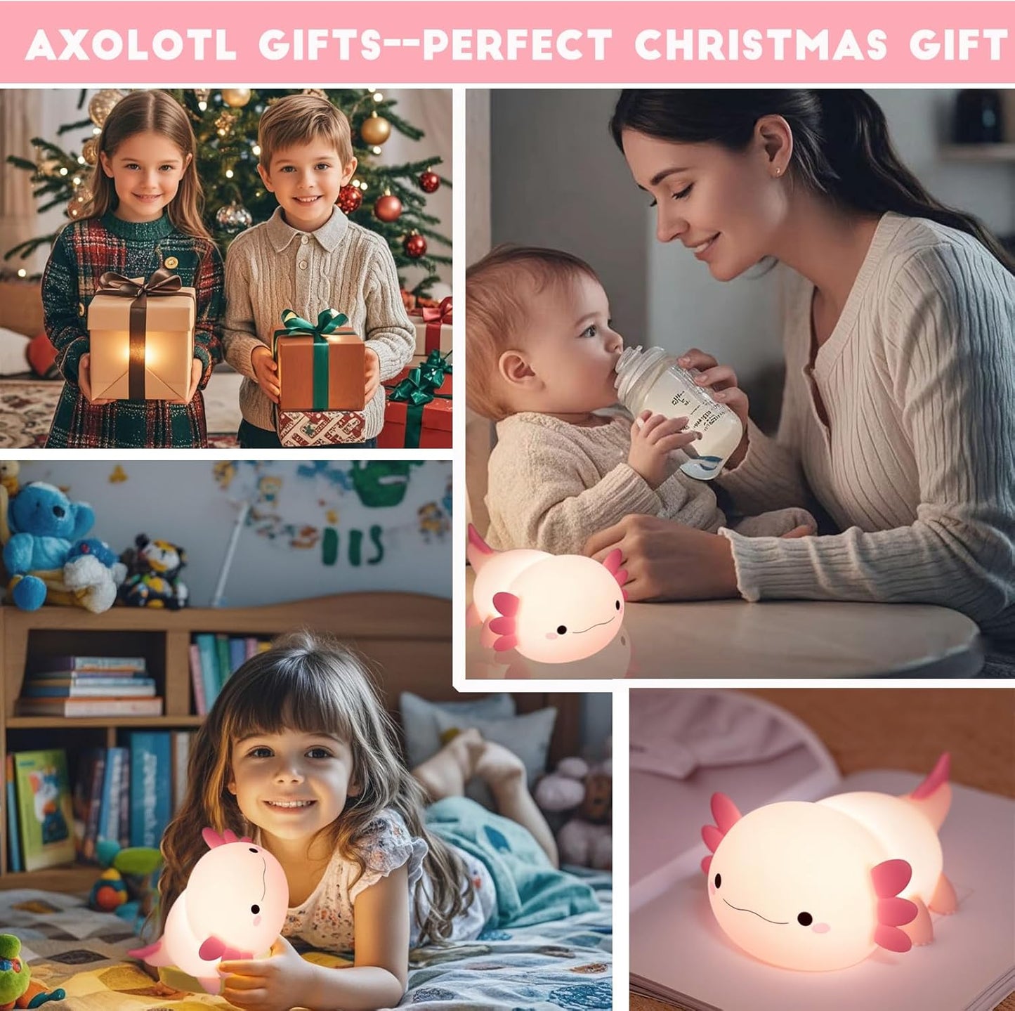 HAPPYBAG Axolotl Night Light,Cute Axolotl lamp Gifts for Kids,Dimmable Silicone Animal Nursery Night Light,Kawaii Rechargeable Bedside Touch Lamp,Room Decor Axolotl Light
