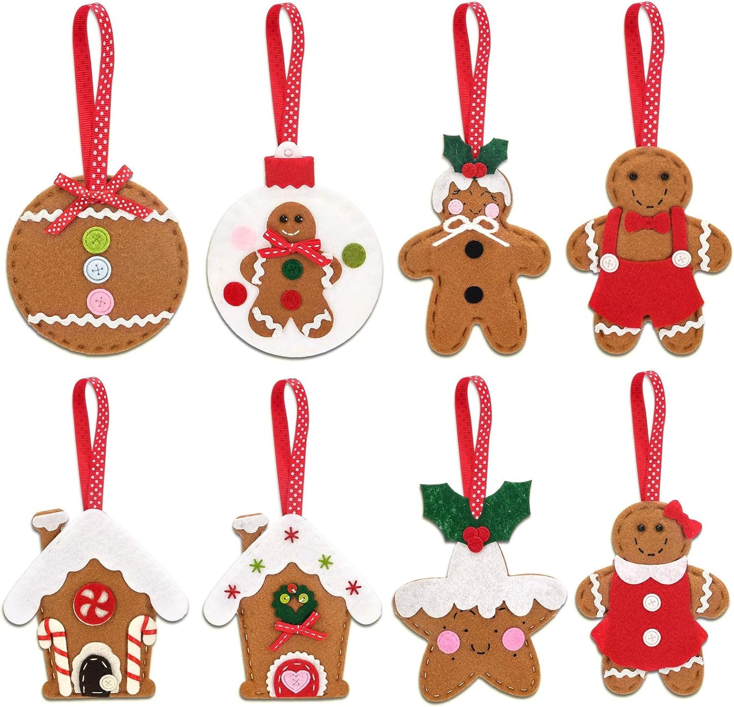 Skylety 8 Pieces 3D Christmas Tree Ornaments Set Felt Santa Snowman Candy Cane Ornament, Stocking, Gnome Decoration(Gingerbread)
