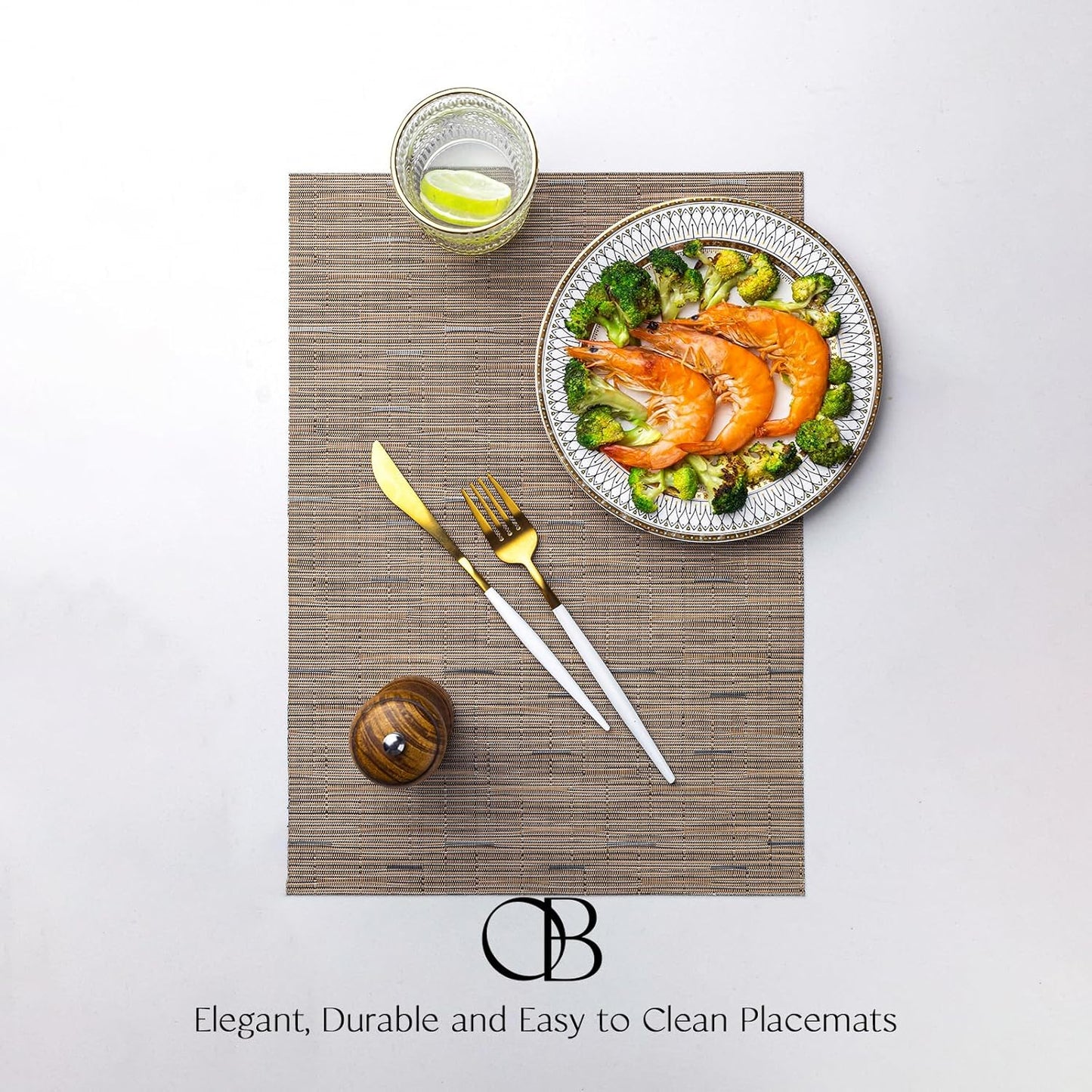 Placemats Set of 8 - Easy Clean Woven Vinyl Placemats for Dining Table, Indoor/Outdoor Place Mats, Washable PVC Table Mats （Light Brown）