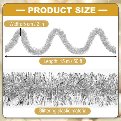 50 Feet Metallic Twist Tinsel Garland Wall Hanging Backdrop for Parade Floats, Christmas Eve, New Year, Valentine's Day Party Decorations (Silver, 2in x 50ft)
