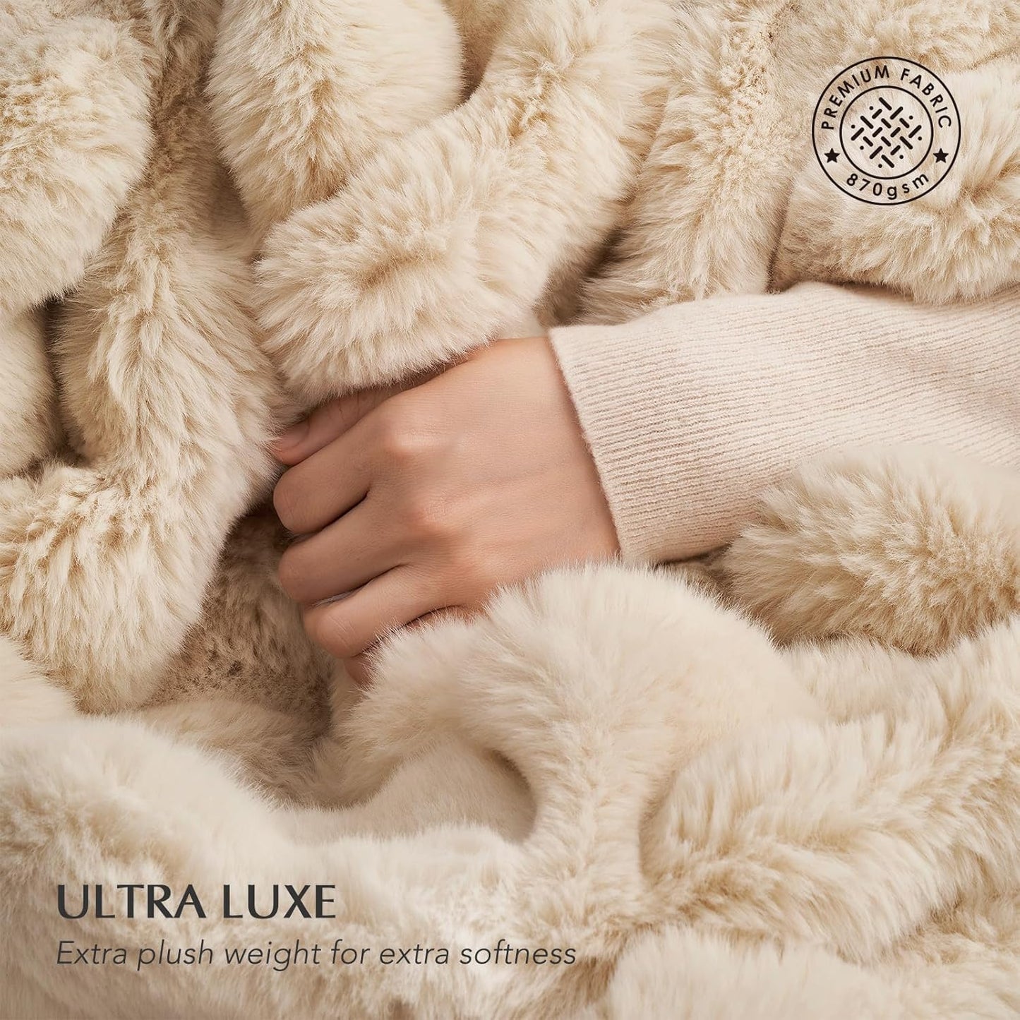 EVERGRACE Ultra Soft Luxury Fluffy Ridgeline Faux Rabbit Fur Throw Blanket, Thick Warm Bubble Throw for Bed, Cozy Plush Reversible Blankets for Couch, Chair, Sofa, Cream, 50x60 Inches, 870 GSM