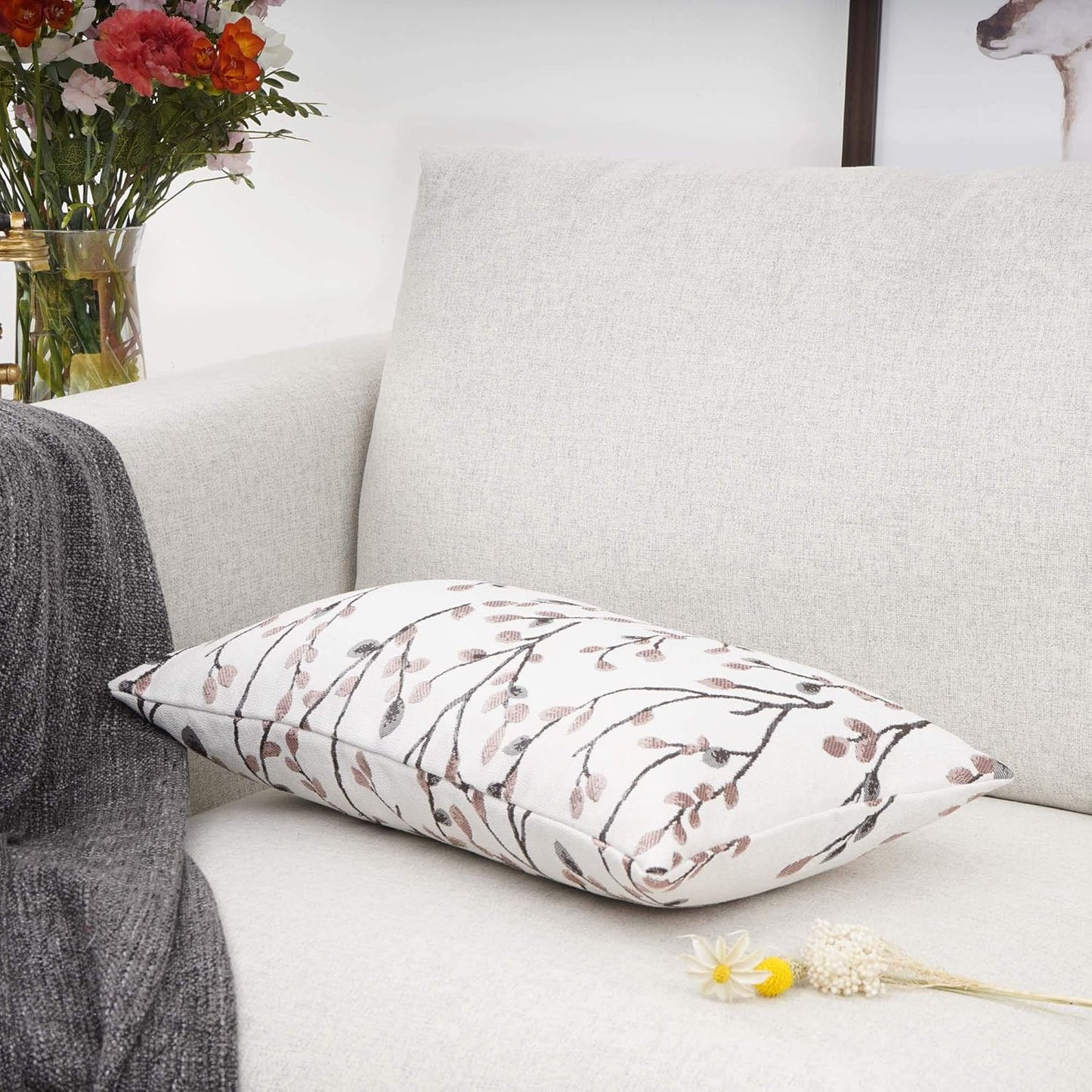 YOUR SMILE Classical Embroidery Jacquard Farmhouse Oblong Rectangle Chenille Red Leaf Decorative Throw Pillow Case,12x20 inch