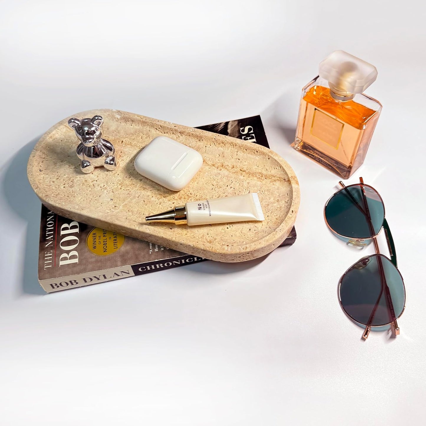 JINGJU Turkish Travertine Oval Tray 10x5 Inches, Natural Stone Decorative Tray for Jewelry, Candle, Bathroom Counter, Coffee Table