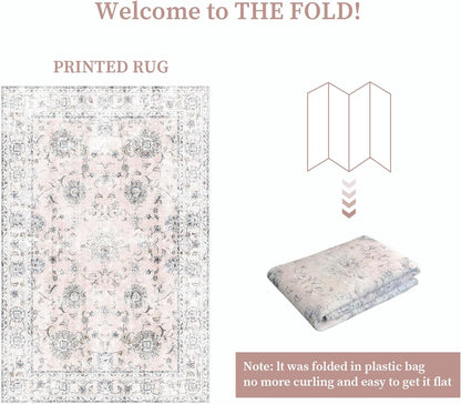 3'x5' Vintage Floral Rug - Persian Inspired Low-Pile Faux Wool Area Rug, Non-Slip Washable Small Rug for Bedroom, Nursery, Dorm, Soft Pink Boho Chic Decor