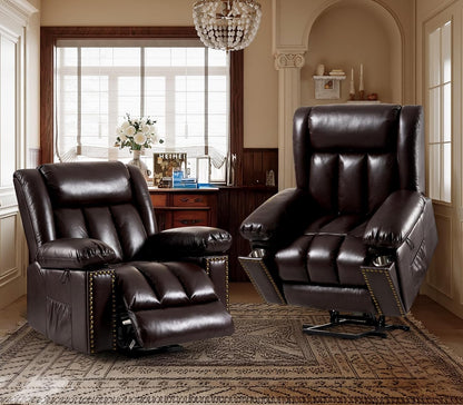 Electric Power Lift Recliner Chair for Elderly with Heat & Massage, Breathable Leather Large Reclining Chairs w/2 Concealed Cup Holders for Seniors Home Living Room,Set of 2,Brown