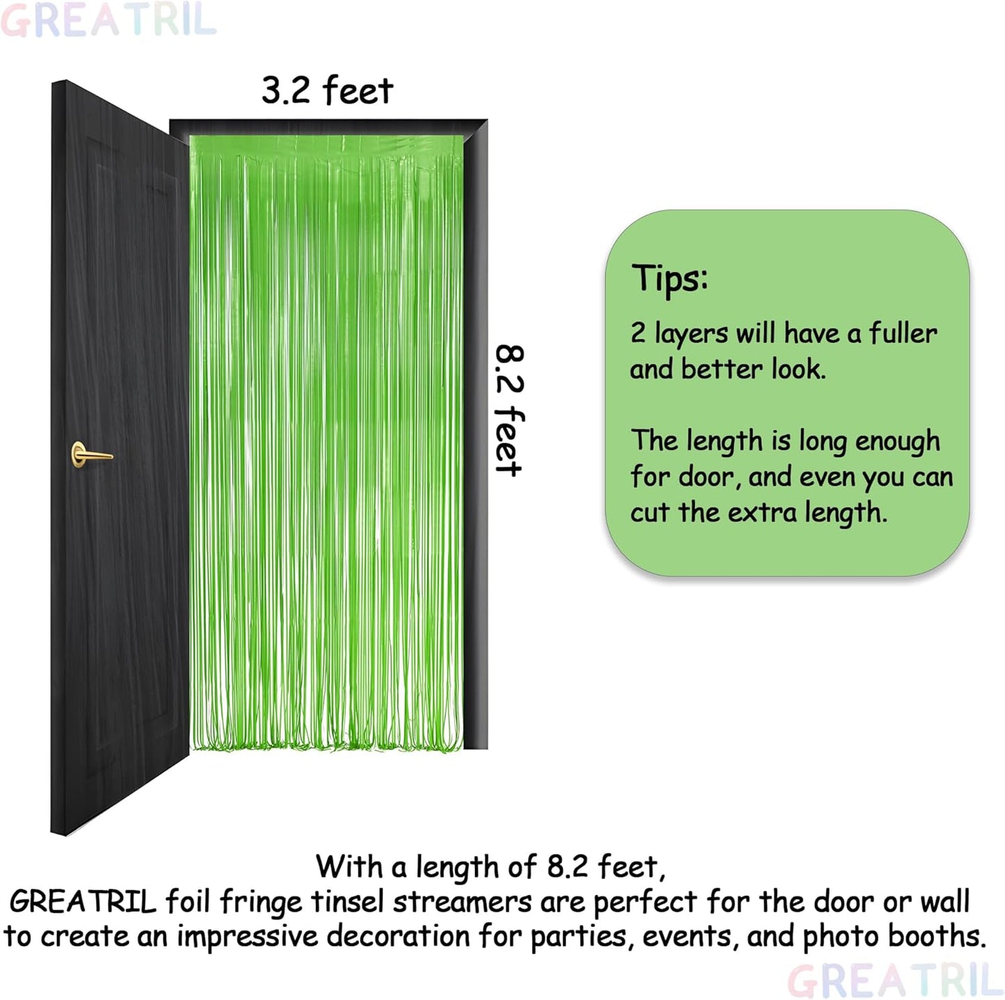 Lime Green Streamers Party Backdrop - GREATRIL Tinsel Curtain for St Patrick's Day/Frog/Wizard - 3.2ft X 8.2ft - 2 Packs