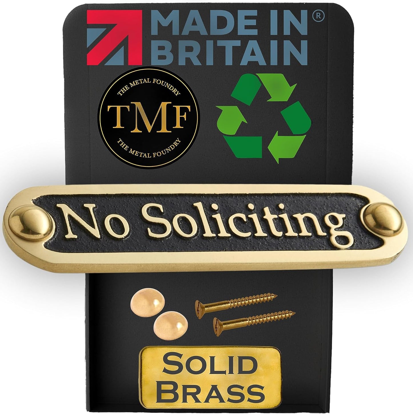 No Soliciting Brass Door Sign. Traditional Style Home Décor Wall Plaque Handmade By The Metal Foundry UK.