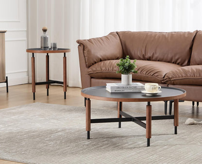 EALSON Nesting Coffee Table Set of 2 Round Coffee Tables with Black Metal Legs/Wood Top Mid Century Modern Centre Table Circle Accent Side Tables for Living Room Bedroom Walnut