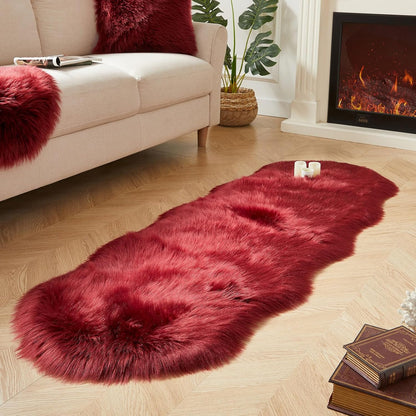 AMTOVO Faux Sheepskin Rug, Burgundy Ultra Soft Fluffy Shag Area Rug, 2 x 6 ft Faux Fur Rug for Bedroom Sofa Throw Cushion Room Decor, Sheepskin