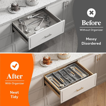 Lifewit Utensil Organizer for Kitchen Drawers, Expandable Cooking Utensil Tray, Adjustable Cutlery Silverware Flatware Holder, Plastic Kitchen Spatula Tools and Gadgets Storage Divider, Large, Gray