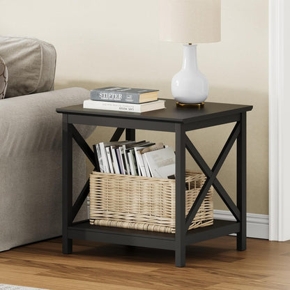 ChooChoo End Table, 24 Inch End Table with 2-Tier Storage Shelf, Side Table for Living Room, Wood Nightstand for Bedroom, Office, Painted Surface, Black
