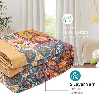 Boho Throw Blanket for Bed - 100% Pure Cotton Ultra Soft Rustic Quilt - Farmhouse Decor Bed Blankets, All Season Rustic Throw for Sofa Couch Chair(60"×80", Boho Flover)